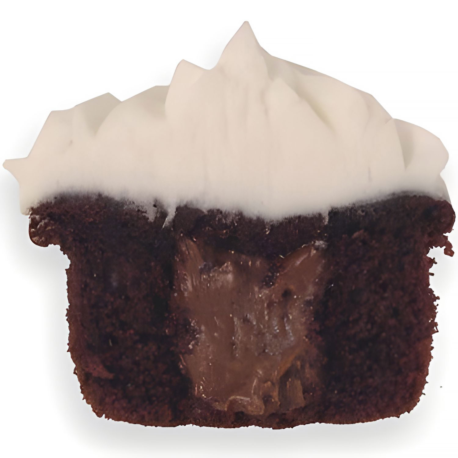 sliced cupcake showing fudge filling in center