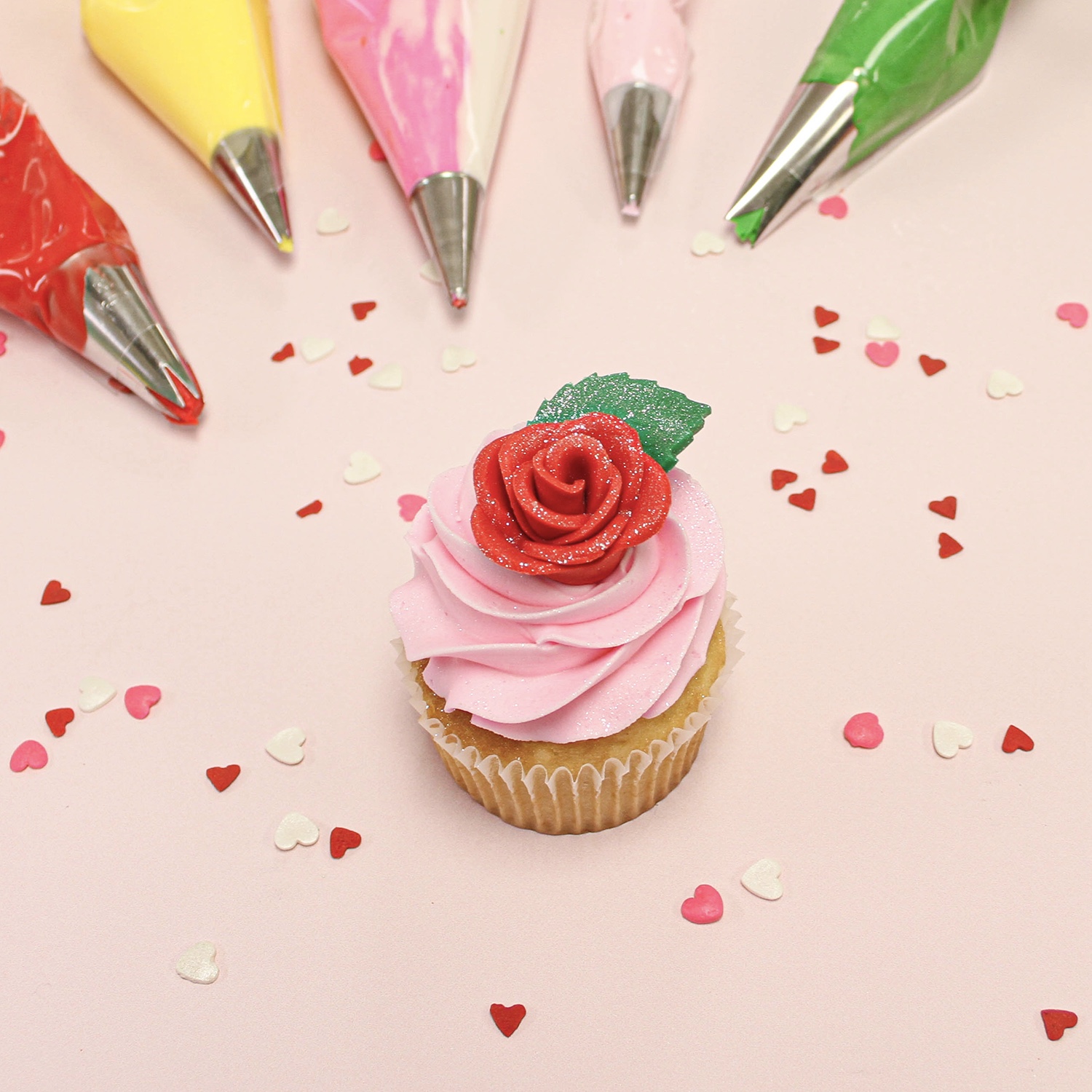 Glitter Fondant Red Rose on Pink Cupcake