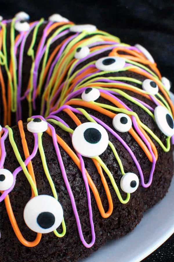 monster bundt cake with edible eyes