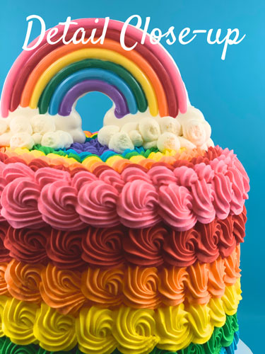 up close photo to show details on rainbow cake