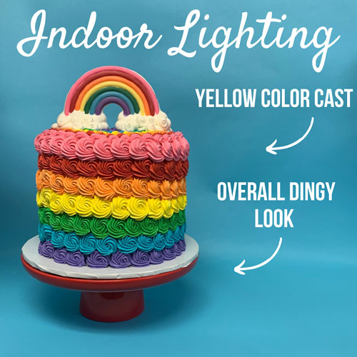 shot of rainbow cake that was taking indoors - yellow and dingy