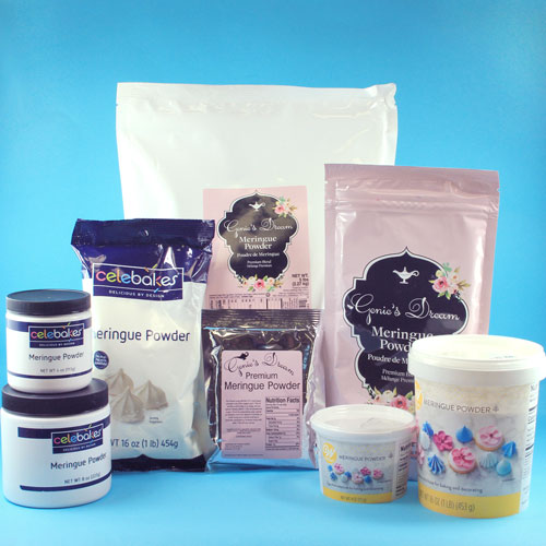 group photo of all types and sizes of meringue powders Country Kitchen SweetArt carries