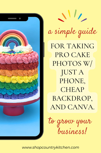 graphic of cell phone taking photo of rainbow cake for sharing on pinterest