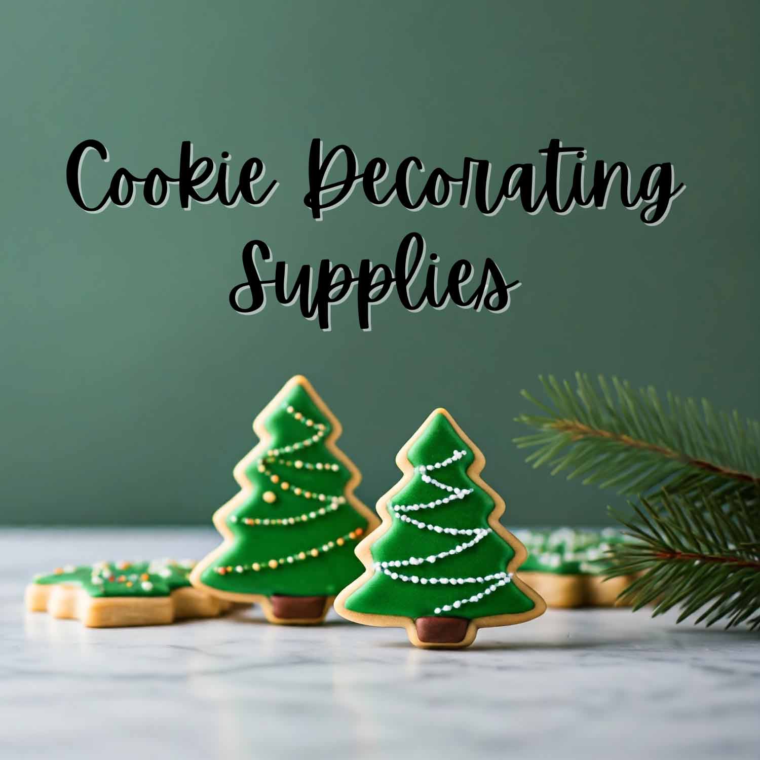 marble counter with decorated christmas tree cookies standing.