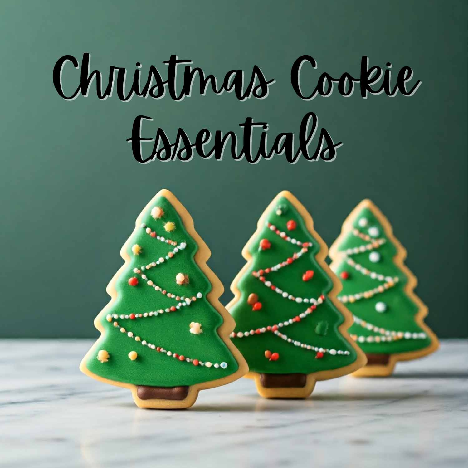 different supplies for christmas cookie baking like cookie cutters, rolling pin, cookie sheet, and cooling rack.