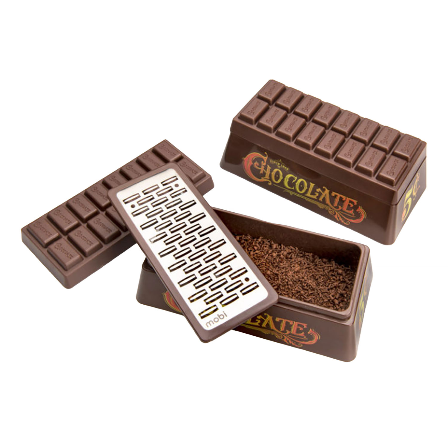 Grated chocolate and cube of bitter chocolate with a mini grater
