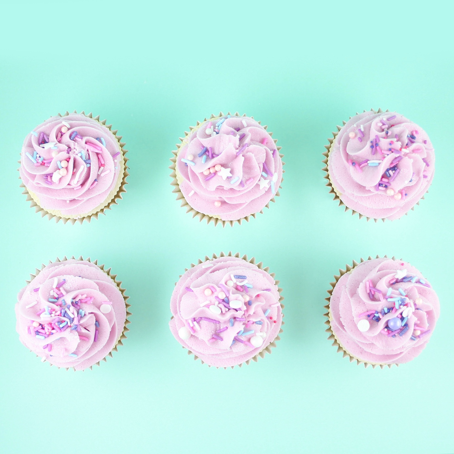 Top image of Raspberry Ripple swirled buttercream with sprinkles and jewel dust sparkle.