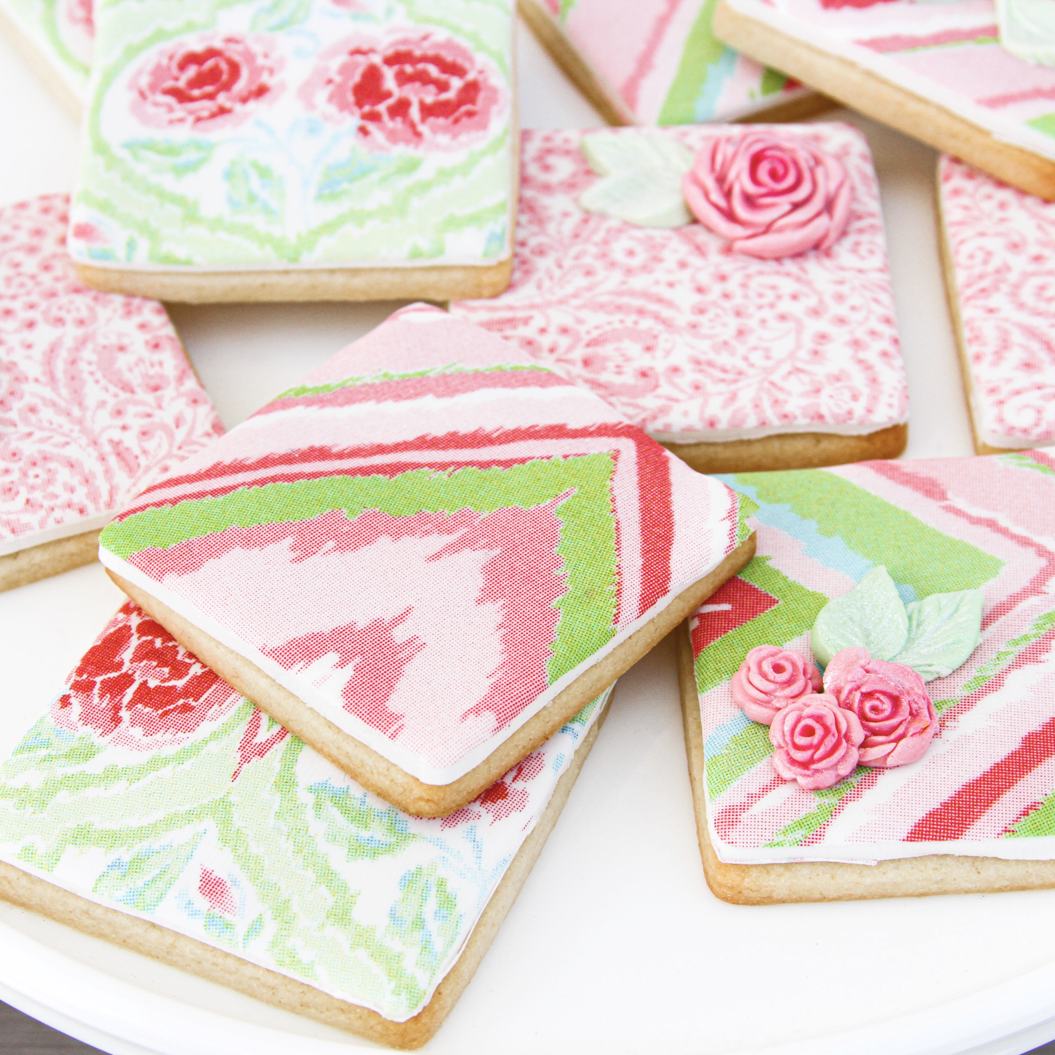 Rose printed sugar cookies with accent fondant roses