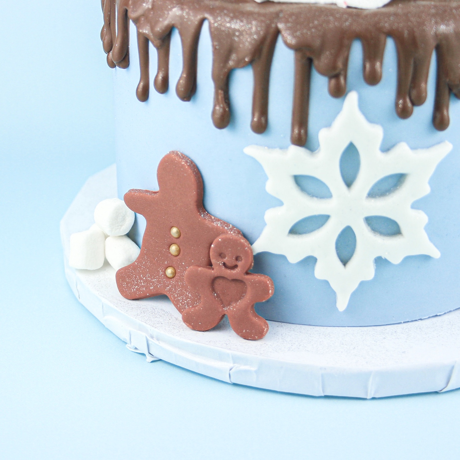 Gingerbread and snowflake fondant cut outs below the choclate drip.