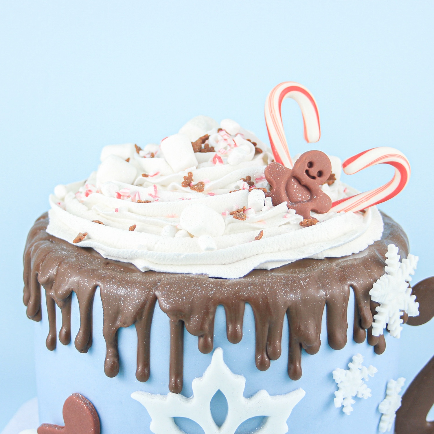 Buttercream piped swirl on top of cake with candy canes, peppermint crunch, mini marshmallows and jewel dust sitting on top of a chocolate drip.