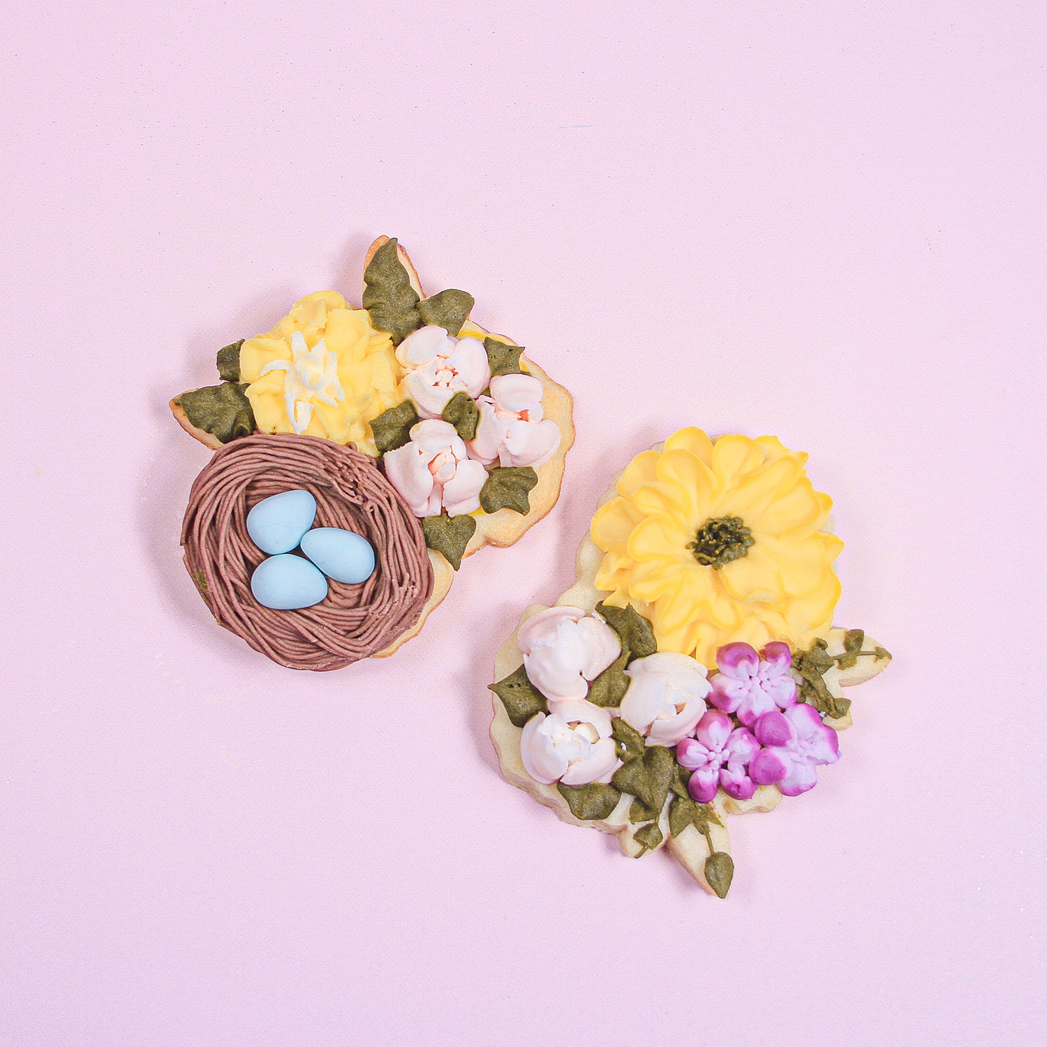 Buttercream flower and birds nest decorated sugar cookies