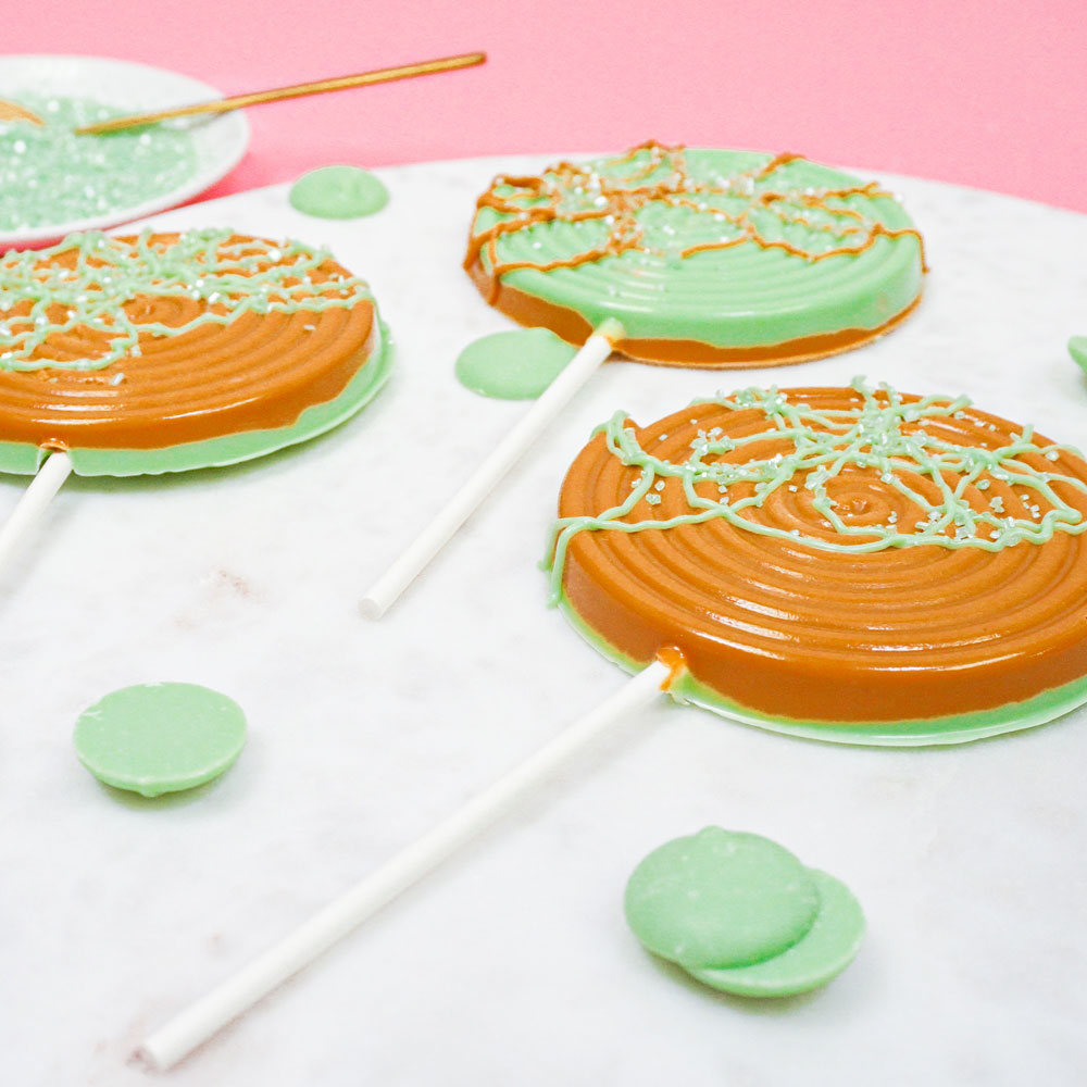 caramel apple pops with green apple chocolate and salted caramel chocolate