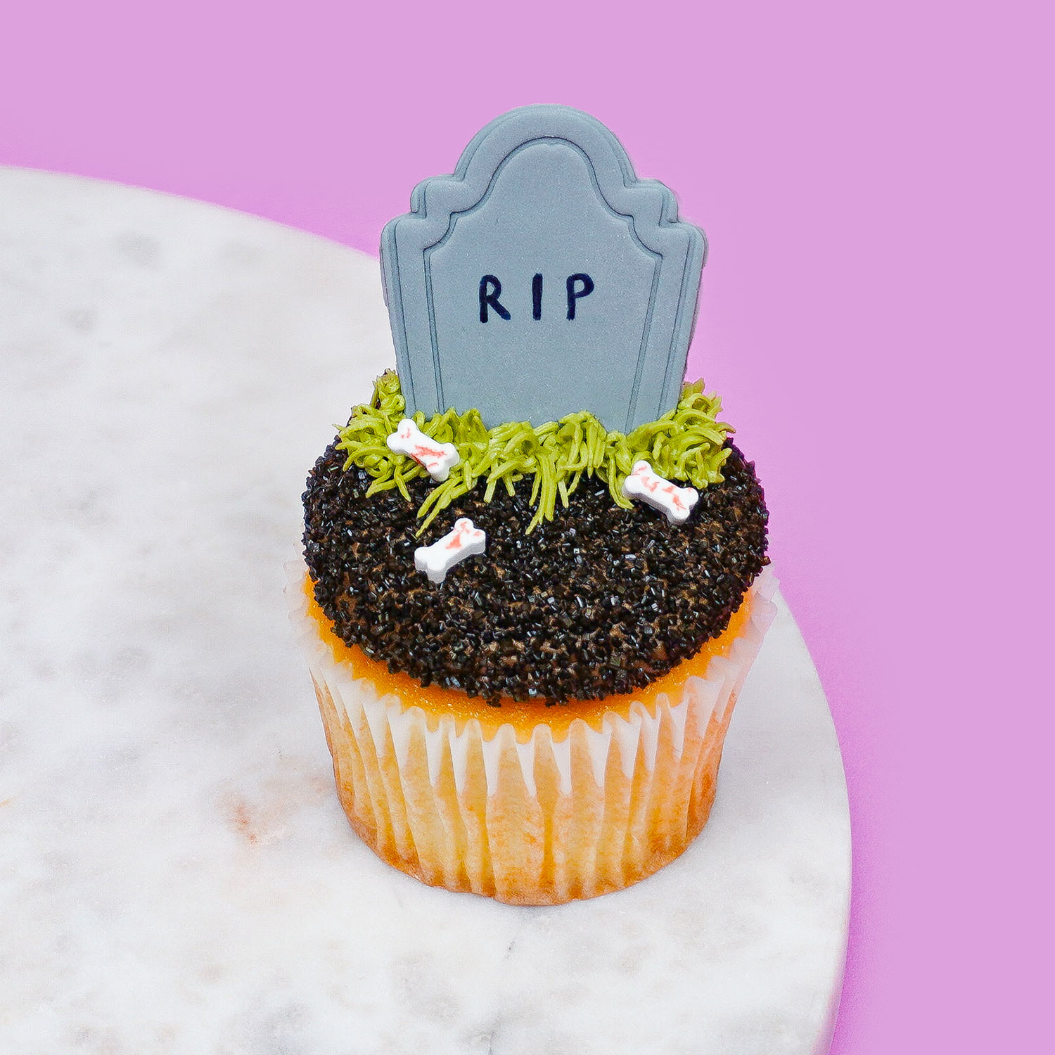 cupcake decorated to look like a tombstone